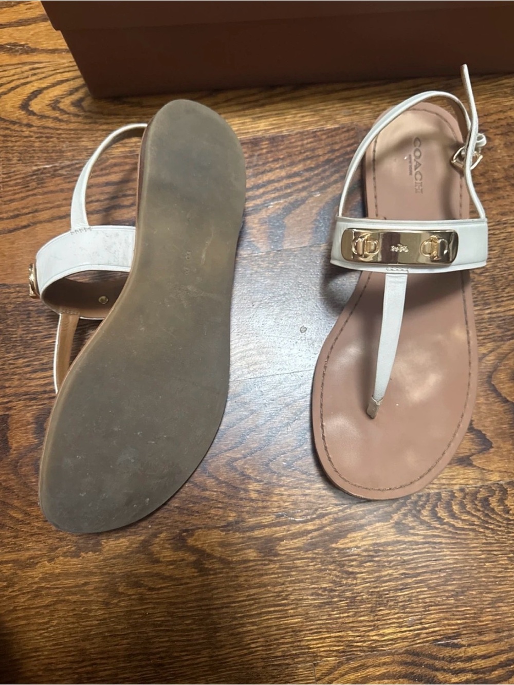 Light Pink Gracie Coach Leather T-Strap Sandals with Gold Logo Accent
